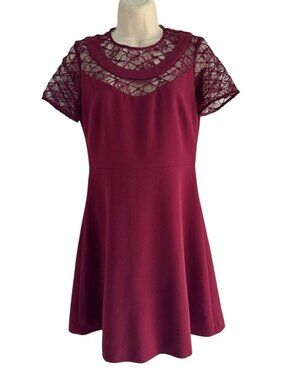 Sandro Paris Woman's Sz 2 Burgundy Lace Detail Short  Sleeve Mini Dress